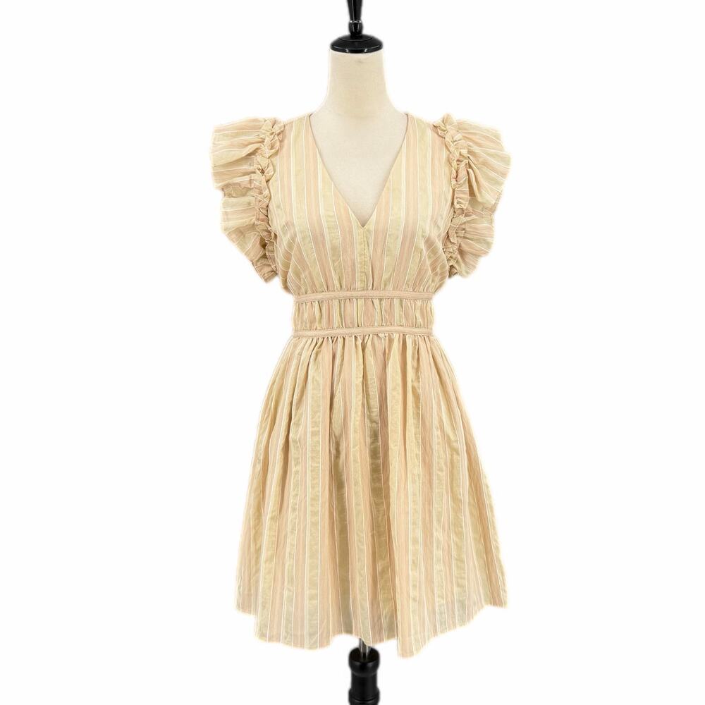 En Saison Beige Striped Ruffle Neutral Cottagecore Boho Chic Feminine Mini Dress
